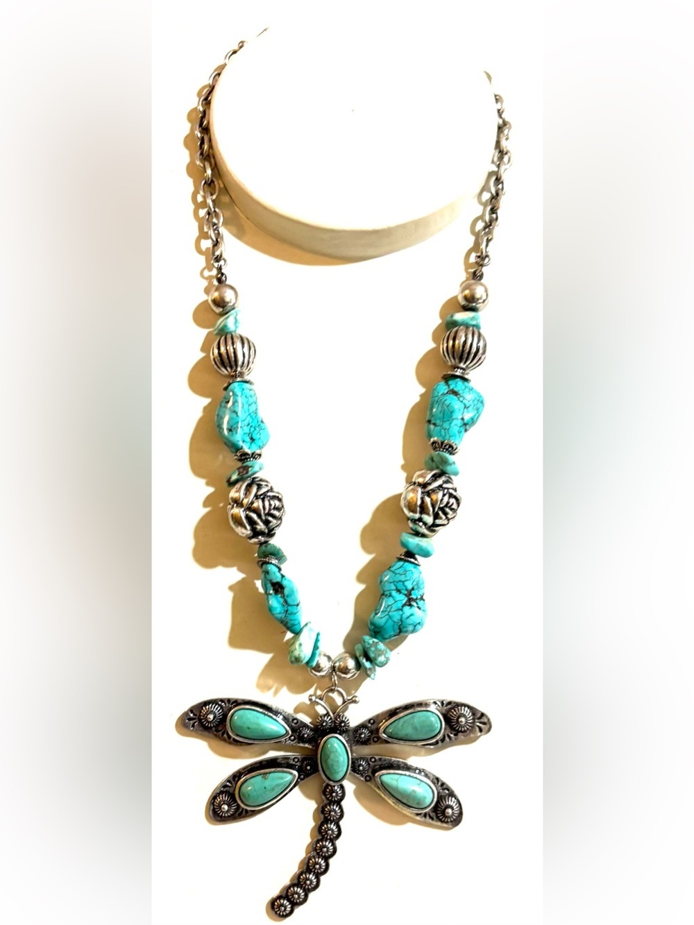 Turquoise Dragonfly Pendant Necklace with Silver Accents - Women Jewelry